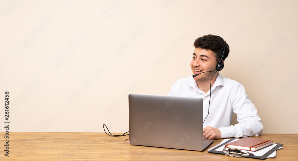 Telemarketer man happy and smiling Telemarketer man happy and smiling