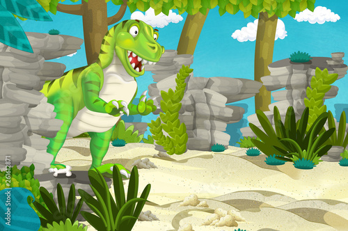 cartoon scene with dinosaur tyrannosaurus rex in the jungle - illustration for children