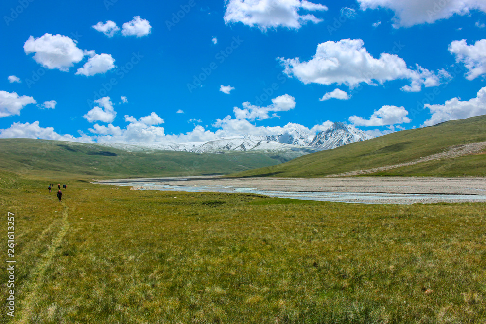 The steppes of Kyrgyzstan at the foot of the Tien Shan