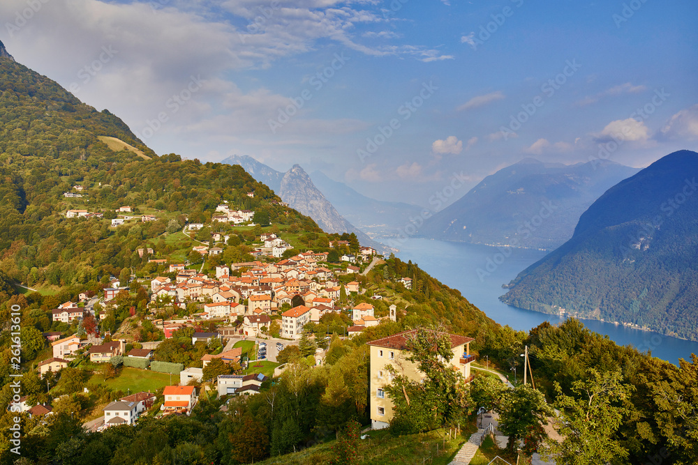 Scenic view to the lake Lugano from Monte Bre in Lugano, Switzerland