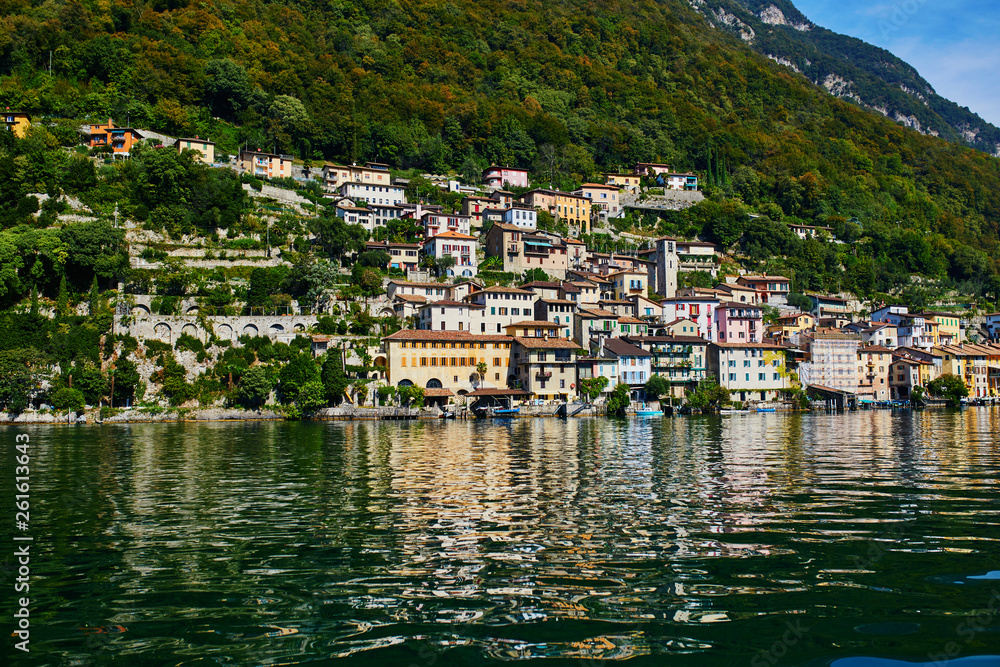 Scenic view of Gandria village near Lugano from the lake, Switzerland