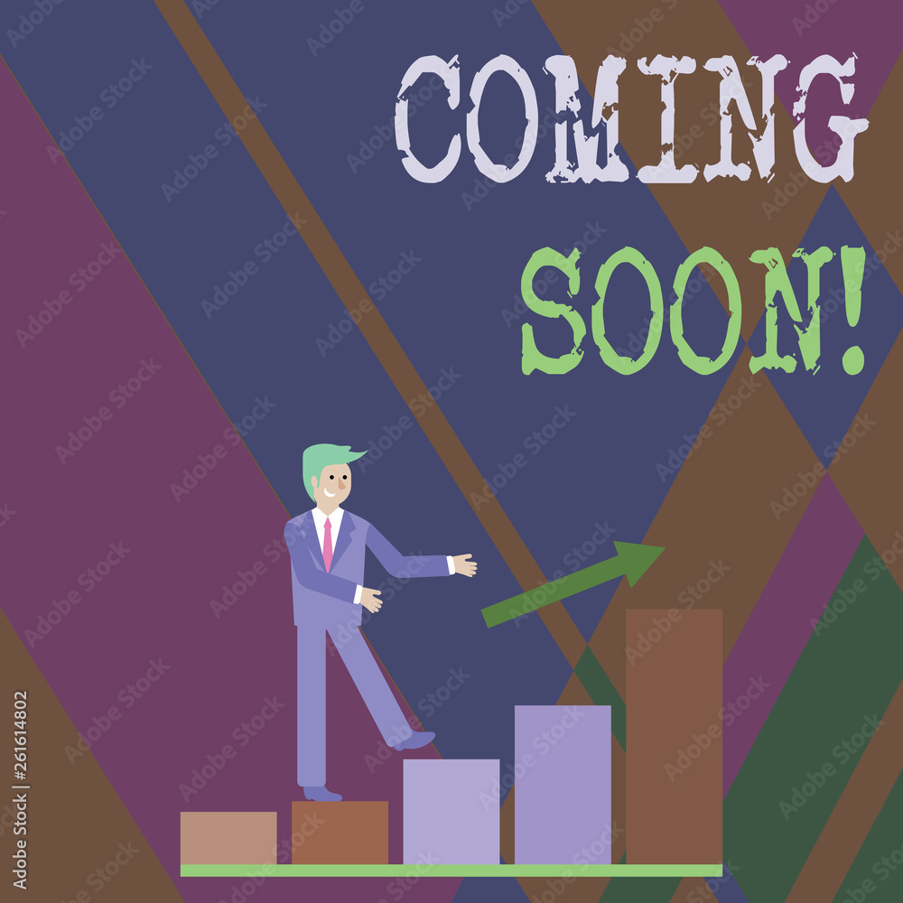 Writing note showing Coming Soon. Business concept for event or action that will happen after really short time Smiling Businessman Climbing Bar Chart Following an Arrow Up Writing note showing Coming Soon. Business concept for event or action that will happen after really short time Smiling Businessman Climbing Bar Chart Following an Arrow Up