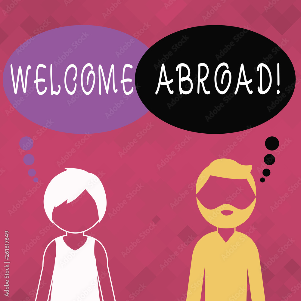Word writing text Welcome Aboard. Business photo showcasing on board as on ship train or plane captain welcoming Bearded Man and Woman Faceless Profile with Blank Colorful Thought Bubble Word writing text Welcome Aboard. Business photo showcasing on board as on ship train or plane captain welcoming Bearded Man and Woman Faceless Profile with Blank Colorful Thought Bubble