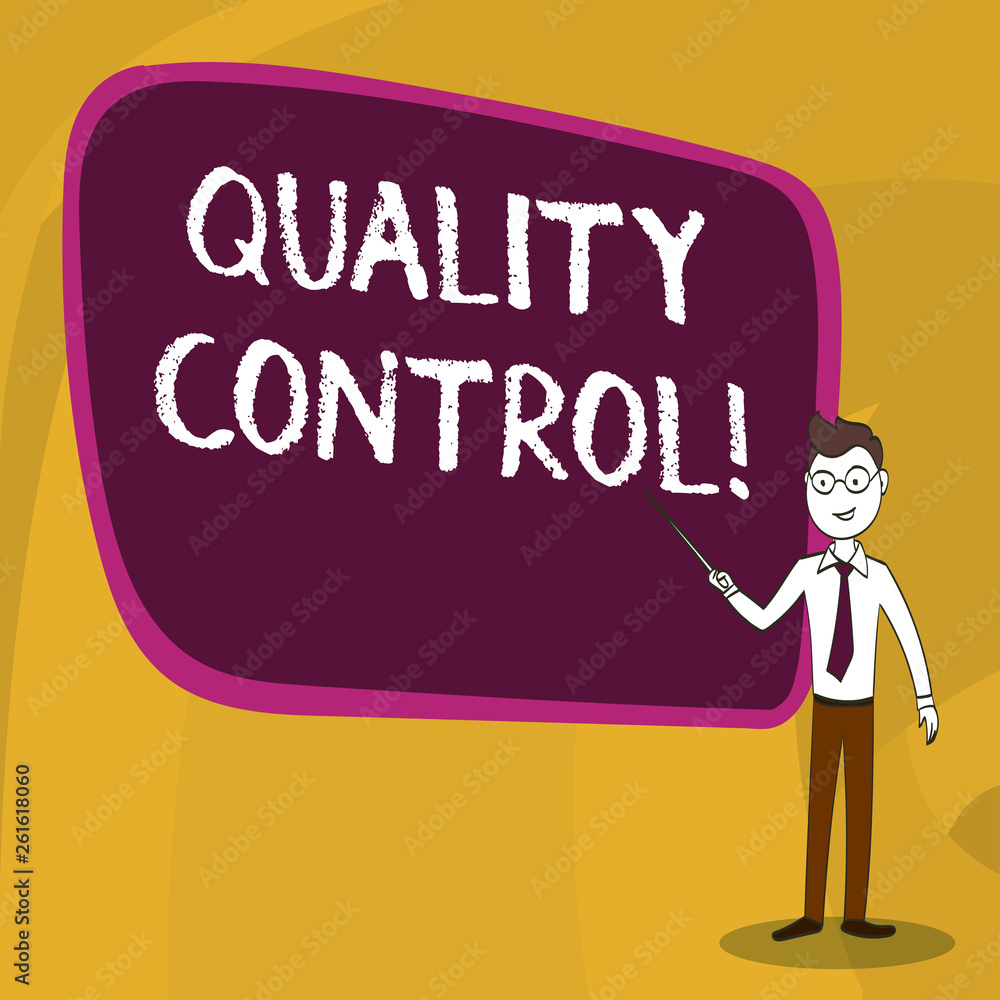 Word writing text Quality Control. Business photo showcasing system of maintaining standards in analysisufactured products Confident Man in Tie, Eyeglasses and Stick Pointing to Blank Colorful Board Word writing text Quality Control. Business photo showcasing system of maintaining standards in analysisufactured products Confident Man in Tie, Eyeglasses and Stick Pointing to Blank Colorful Board