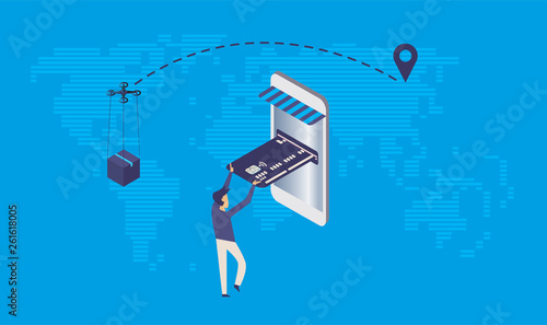 Modern flat design isometric concept of delivery service or online shopping with man,box,dron,pay online,smartphone,app and world map.Easy to edit and customize. Vector illustration