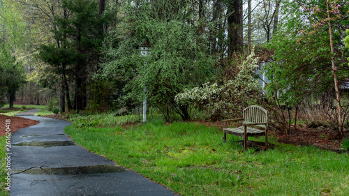 Wooden bench and birdhouse next to path