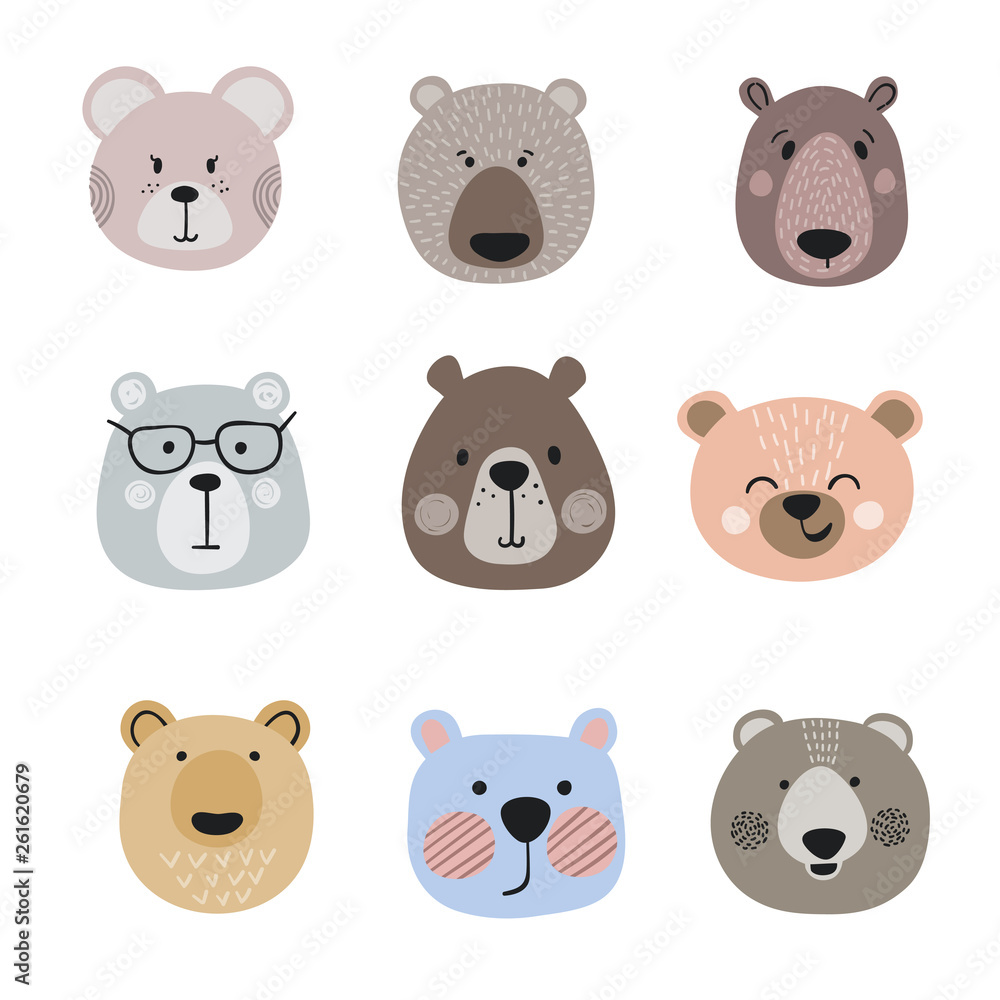 Set of cute cartoon bears. Vector little bear heads.