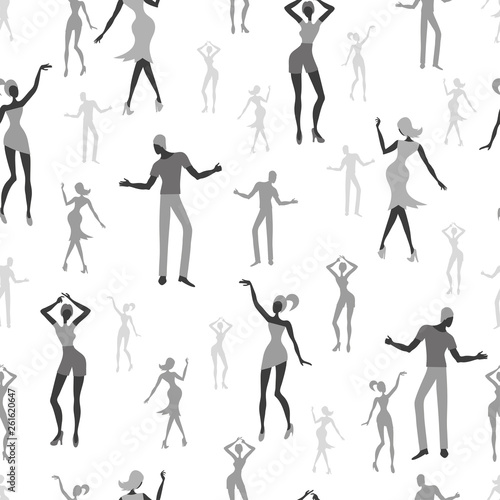 Seamless black and white dancing people pattern.