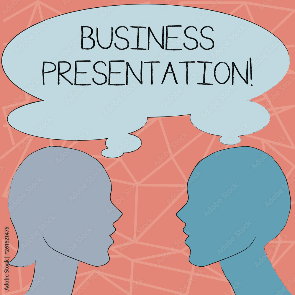 Conceptual hand writing showing Business Presentation. Concept meaning Demonstration or to present a new idea or product Silhouette Sideview Profile of Man and Woman Thought Bubble