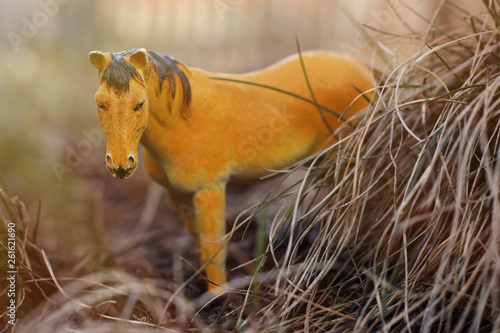 toy horse in nature photographed as real among the dry grass like haystacks