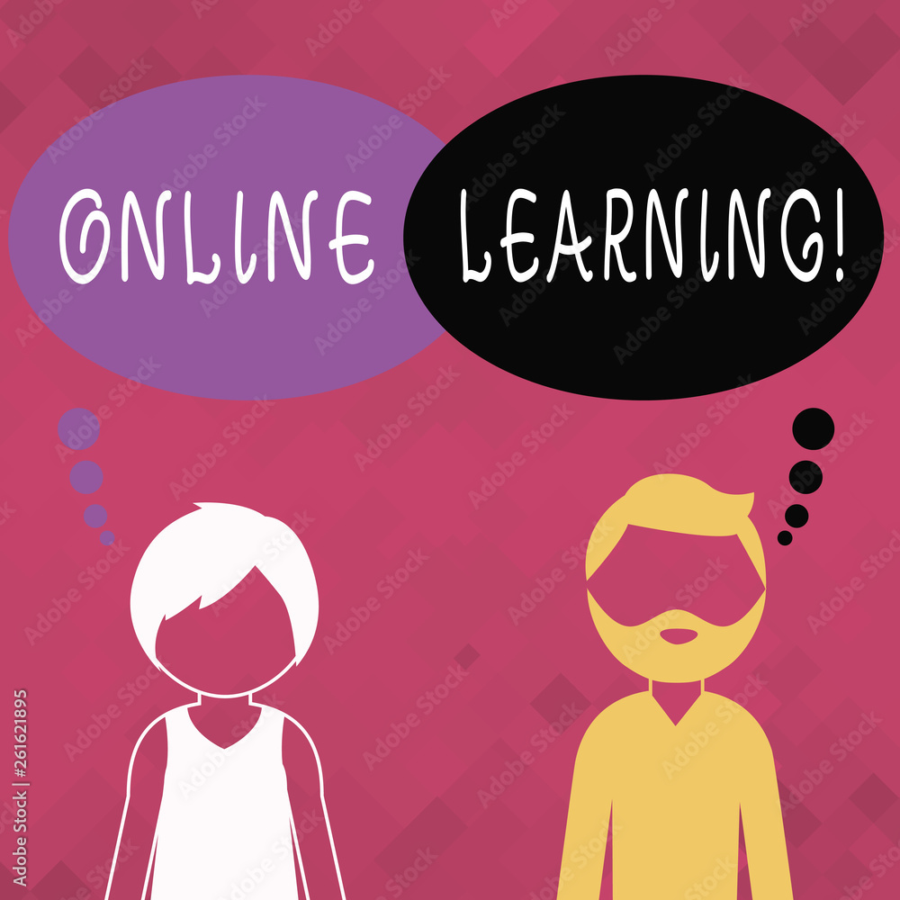 Word writing text Online Learning. Business photo showcasing refers to course program or degree delivered on internet Bearded Man and Woman Faceless Profile with Blank Colorful Thought Bubble Word writing text Online Learning. Business photo showcasing refers to course program or degree delivered on internet Bearded Man and Woman Faceless Profile with Blank Colorful Thought Bubble