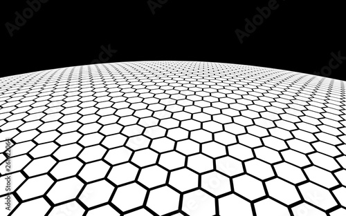 White honeycomb on a dark background. Perspective view on polygon look like honeycomb. Ball, planet, covered with a network, honeycombs, cells. 3D illustration © Plastic man