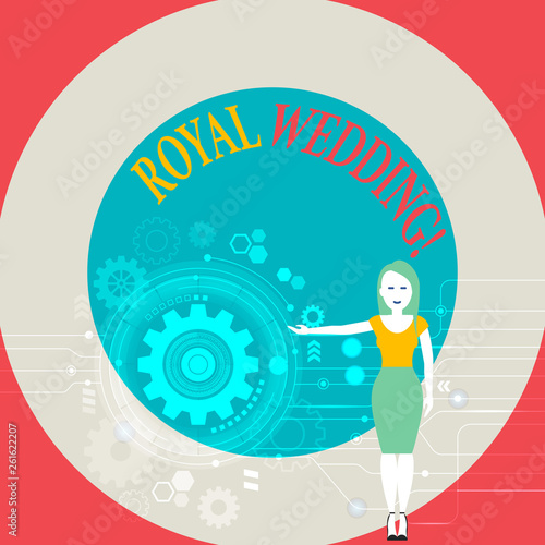 Word writing text Royal Wedding. Business photo showcasing marriage ceremony involving members of kingdom family Woman Standing and Presenting the SEO Process with Cog Wheel Gear inside