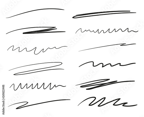 Hand drawn underlines on white. Abstract backgrounds with array of lines. Stroke chaotic patterns. Black and white illustration. Sketchy elements for design