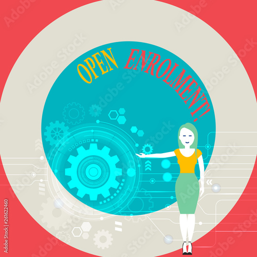 Word writing text Open Enrolment. Business photo showcasing student public school other than one assigned basis residence Woman Standing and Presenting the SEO Process with Cog Wheel Gear inside