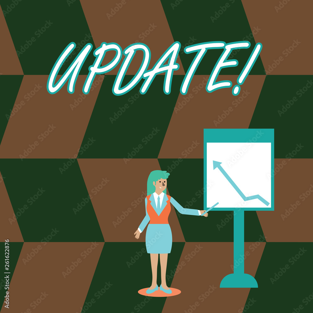 Word writing text Update. Business photo showcasing make something more modern or up to date like software programs Businesswoman Holding Stick Pointing to Chart of Arrow Upward on Whiteboard Word writing text Update. Business photo showcasing make something more modern or up to date like software programs Businesswoman Holding Stick Pointing to Chart of Arrow Upward on Whiteboard