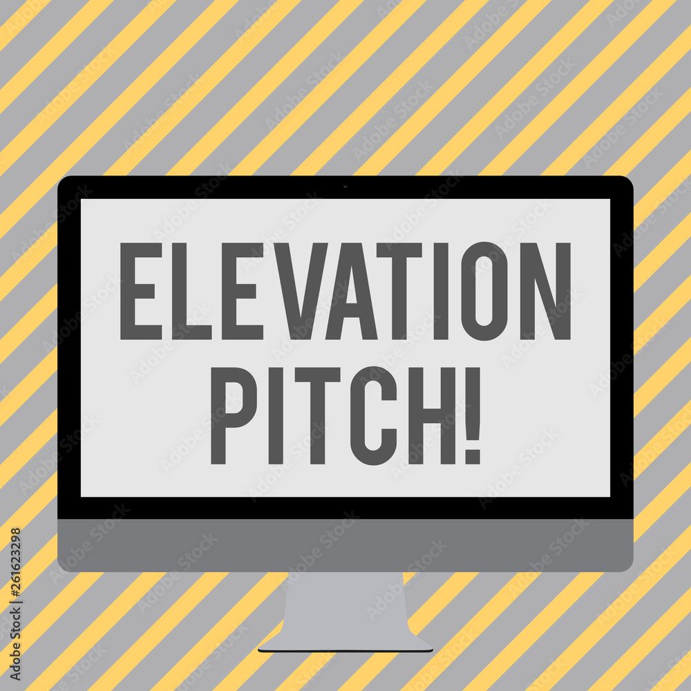 Conceptual hand writing showing Elevator Pitch. Concept meaning short description of product business idea given to investor White Computer Monitor WideScreen on a Stand for Technology Conceptual hand writing showing Elevator Pitch. Concept meaning short description of product business idea given to investor White Computer Monitor WideScreen on a Stand for Technology