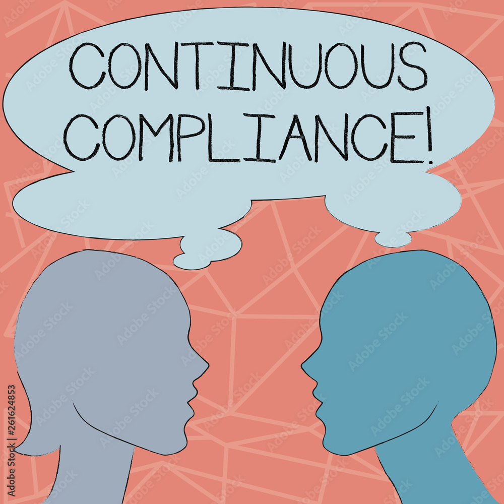 Conceptual hand writing showing Continuous Compliance. Concept meaning proactively maintaining a safe health care environment Silhouette Sideview Profile of Man and Woman Thought Bubble