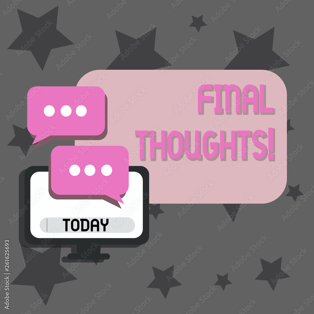 Writing note showing Final Thoughts. Business concept for should be last few sentences within your conclusions Monitor and Two Speech Balloon with Three Dots for Chat Icon Writing note showing Final Thoughts. Business concept for should be last few sentences within your conclusions Monitor and Two Speech Balloon with Three Dots for Chat Icon
