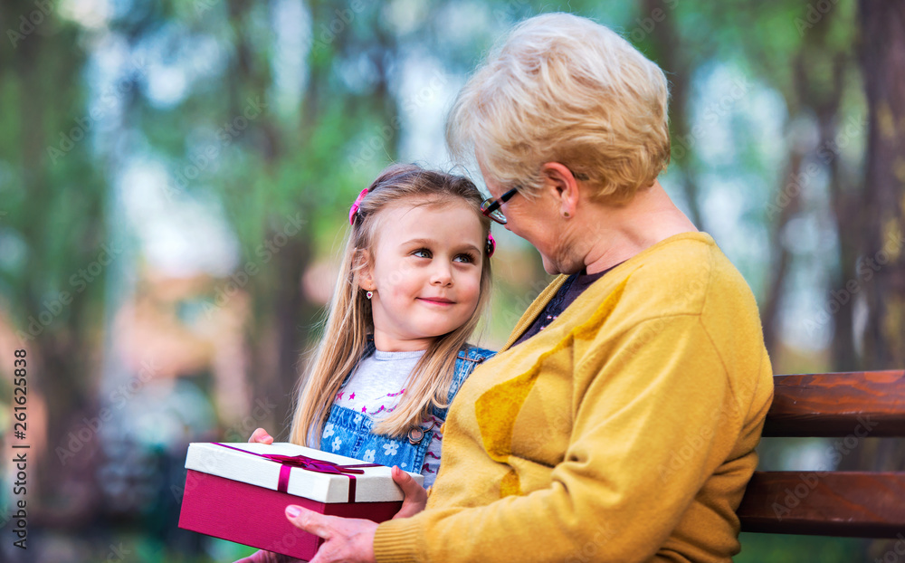 Grandmother surprised her granddaughter with a birthday present in the park. Lifestyle, family concept Grandmother surprised her granddaughter with a birthday present in the park. Lifestyle, family concept