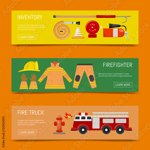 Fire safety banners vector illustration. Firefighting equipment and inventory firehose hydrant, alarm, bollard and extinguisher. Fireman uniform with helmet and gloves.