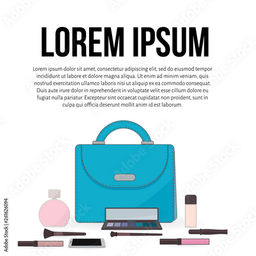 Purse, perfume, cosmetics and mobile phone. The contents of a woman's handbag. Concept of beauty bloggers, fashion and glamour. Easy to edit vector design for social media, makeup artists card, etc.