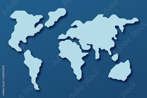 World map on a blue background with shadows in flat style.
