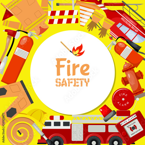 Fire safety round pattern vector illustration. Firefighting equipment and tools firehose hydrant, alarm, bollard and extinguisher. Fireman uniform with helmet and gloves.