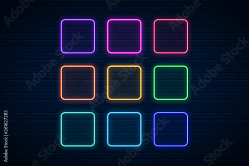 Photography Vector glowing neon arrow  on dark brick wall background.