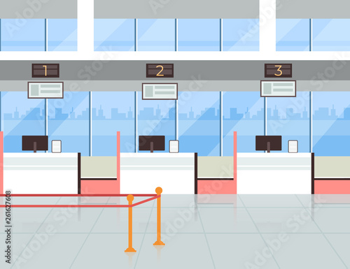Airport check in registration tickets terminal room. Travel vacation trip tourism concept. Vector flat cartoon graphic design illustration