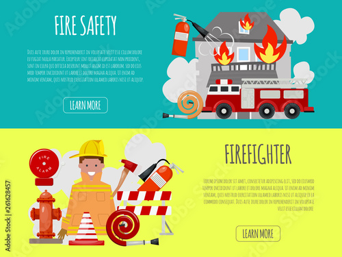 Firefighter banner vector illustration. Firefighting equipment firehose hydrant and extinguisher. Fireman in uniform with helmet and engine near house.