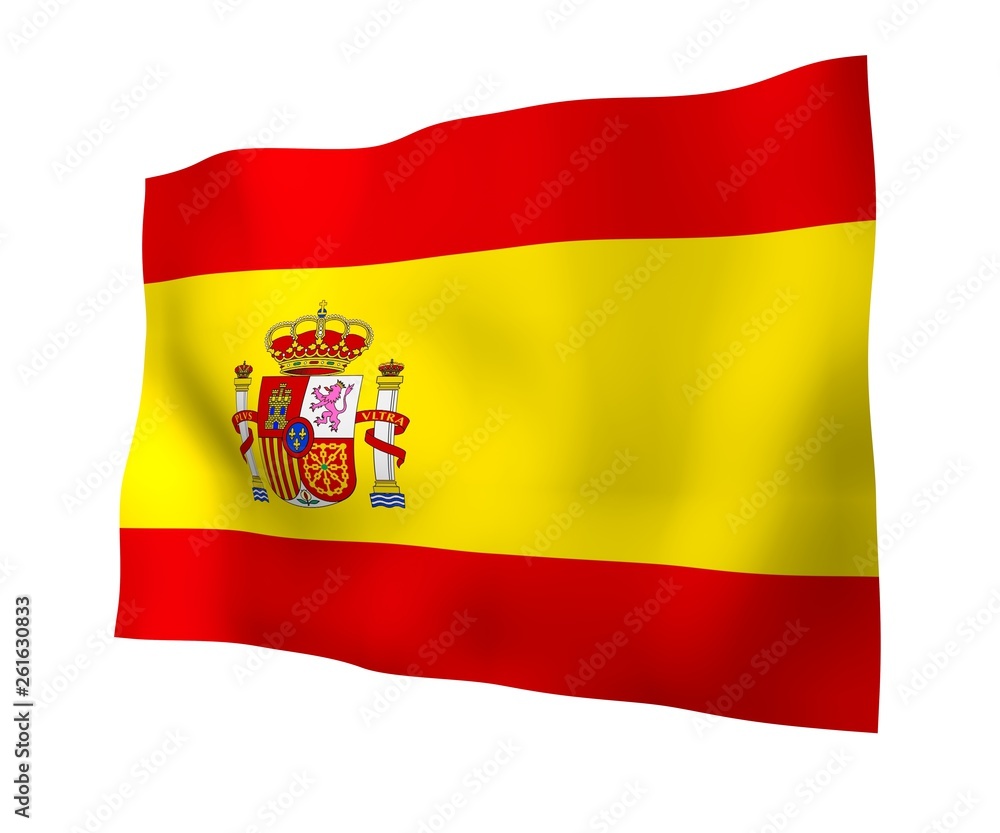 The flag of Spain. Official state symbol of the Kingdom of Spain. Concept: web, sports pages, language courses, travelling, design elements. 3d illustration The flag of Spain. Official state symbol of the Kingdom of Spain. Concept: web, sports pages, language courses, travelling, design elements. 3d illustration