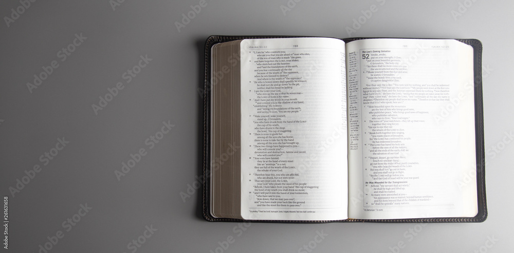 Obraz premium Single Bible Open on a Gray Background