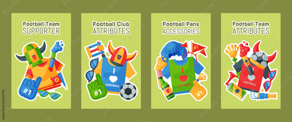 Football team supporter set of cards, banners vector illustration. Soccer sport fan attribute, rooter buff man accessories and supplies to cheer for your favorite team. Sport uniform.