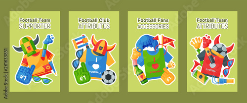 Football team supporter set of cards, banners vector illustration. Soccer sport fan attribute, rooter buff man accessories and supplies to cheer for your favorite team. Sport uniform.