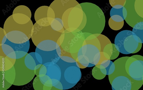 Multicolored translucent circles on a dark background. 3D illustration