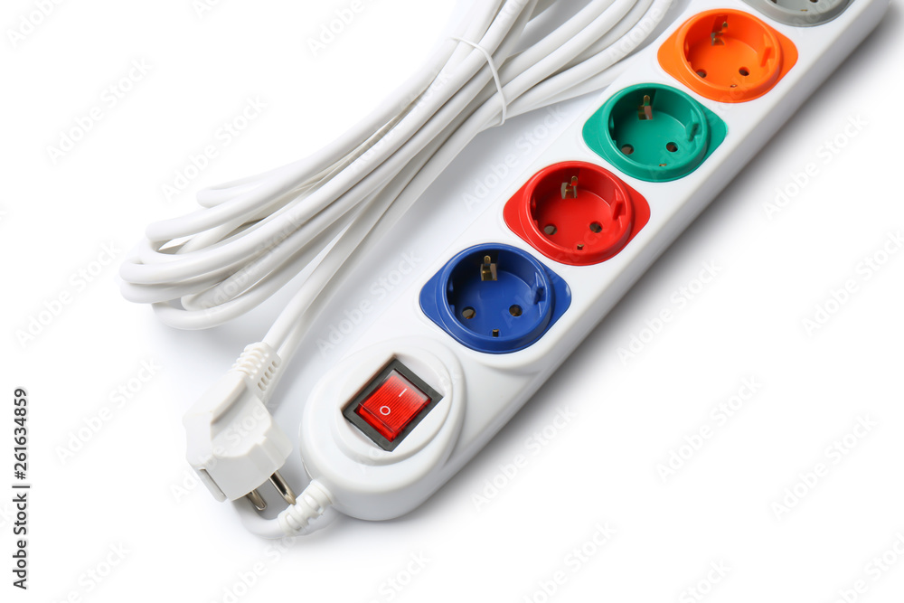 Extension cord on white background. Electrician's professional equipment Extension cord on white background. Electrician's professional equipment