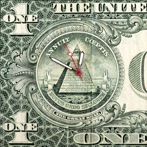 investment in currencies: 1 dollar bill with hour hands, short focus, toning, close