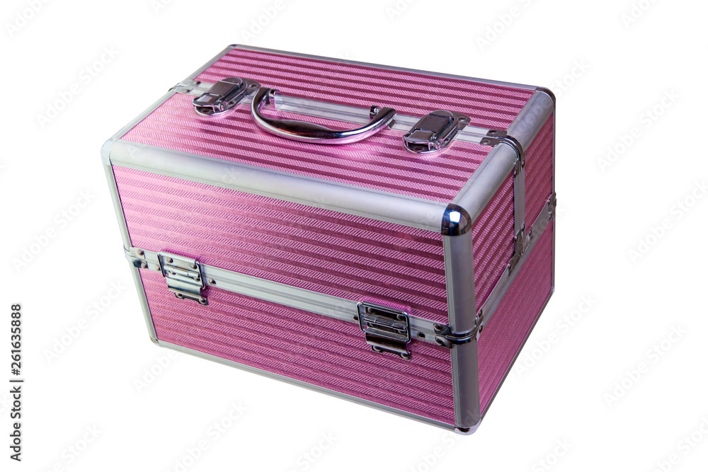 large pink metal portable cosmetic case with locks isolated on white background, short focus large pink metal portable cosmetic case with locks isolated on white background, short focus