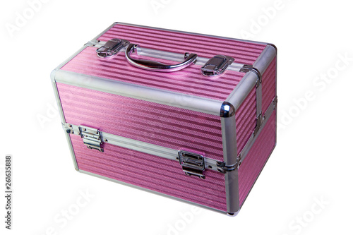 large pink metal portable cosmetic case with locks isolated on white background, short focus