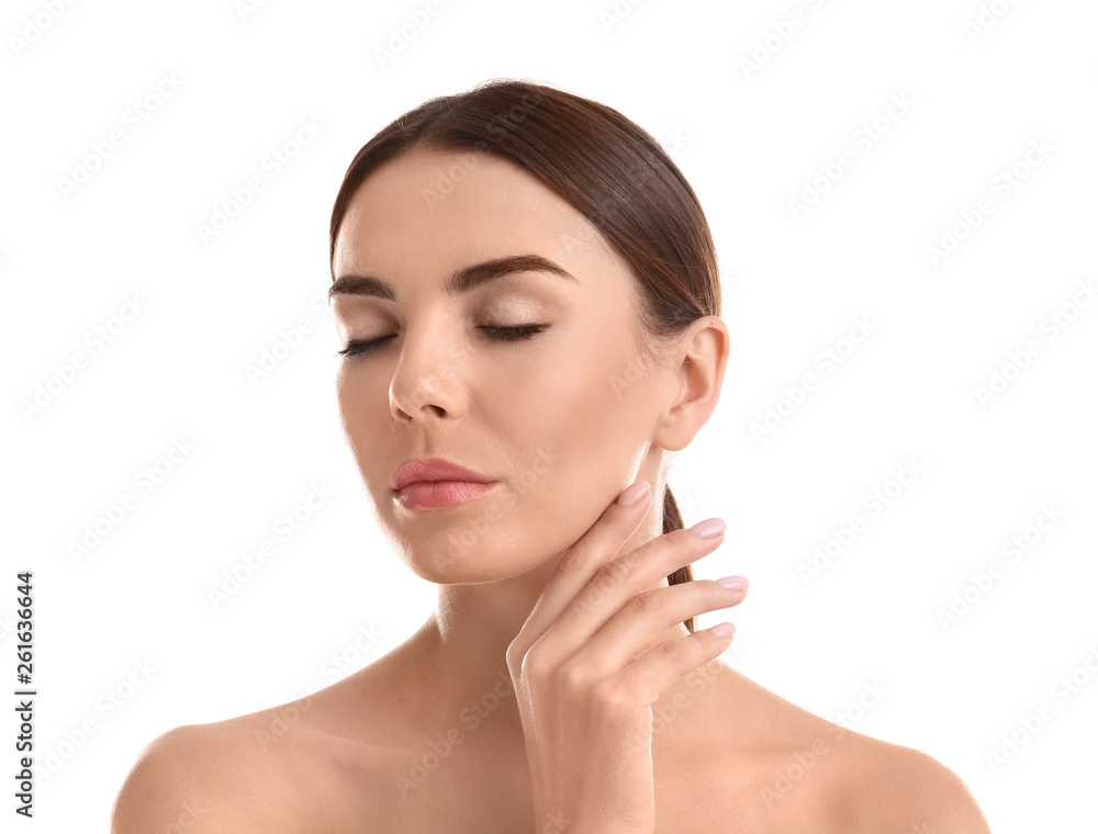 Portrait of young woman with perfect smooth skin on white background. Beauty and body care Portrait of young woman with perfect smooth skin on white background. Beauty and body care