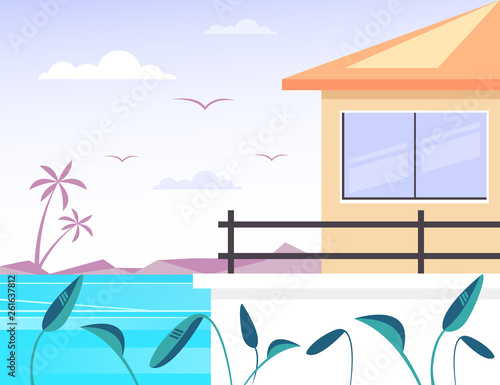 Resort house building rent near beach sea ocean seaside cost. Holiday vacation travel concept. Vector flat cartoon graphic design illustration