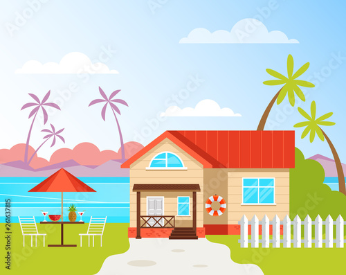 Resort house building rent near beach sea ocean seaside cost. Holiday vacation travel concept. Vector flat cartoon graphic design illustration