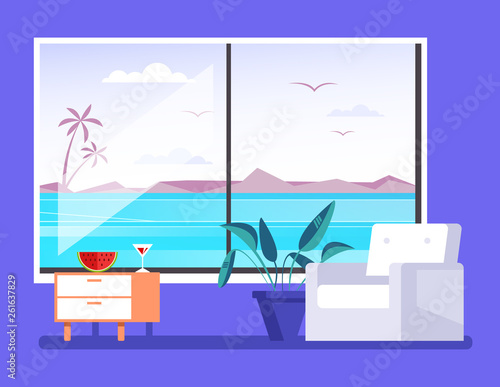 Living hotel room with view on sea ocean beach coast nature from window. Holiday resort vacation concept. Vector flat cartoon graphic design illustration