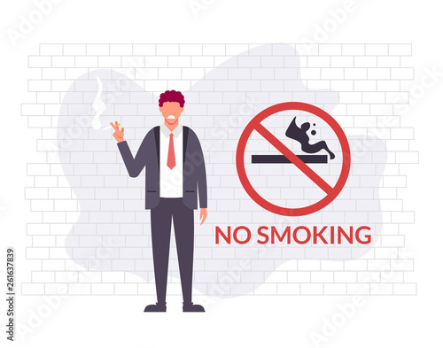 Smoking man office worker character ignoring no smoking sight. Health care social problems issue. Vector flat cartoon graphic design illustration