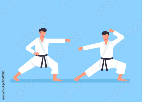 Two sport karate man characters fight. Sport training concept. Vector flat cartoon graphic design illustration