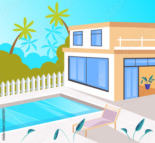 Vacation home house with swimming pool. Holiday summer trip concept. Vector flat cartoon graphic design illustration