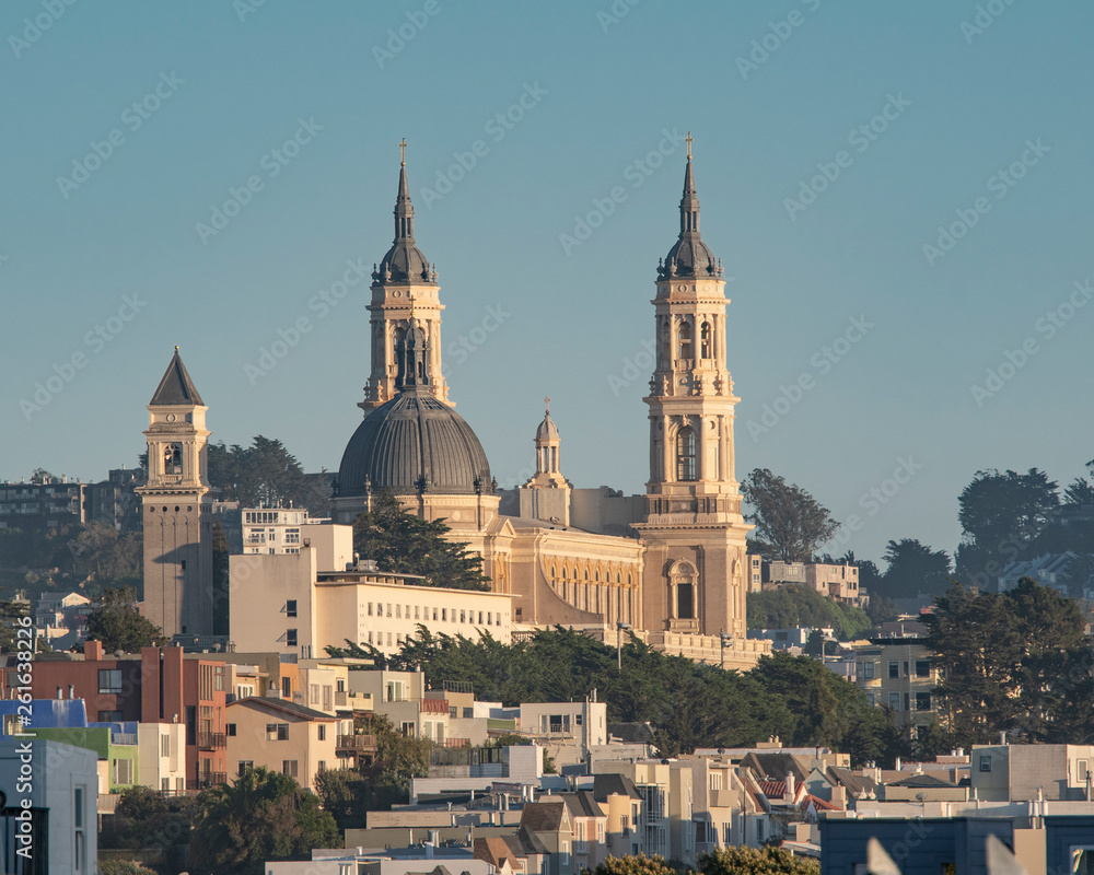 Saint Ignatius Church in San Francisco, viewed from the north west.  Evening sun from the west, clear blue sky.