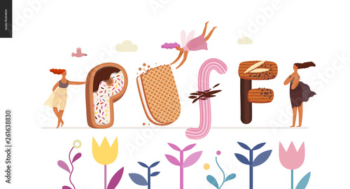 Dessert font - modern flat vector concept digital illustration of temptation font, sweet lettering and girls. Caramel, toffee, biscuit, waffle, cookie, cream and chocolate letters. Lettering Puff