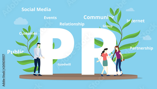 pr public relations concept with big text and people team with another text spread related to subject - vector